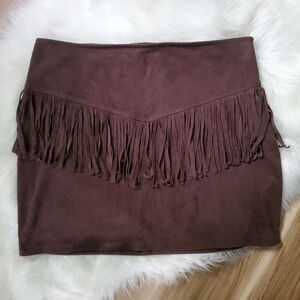Hollister Brown Suede-Look Fringe Mini Skirt